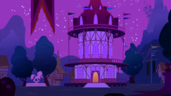 Size: 3200x1800 | Tagged: safe, edit, edited screencap, screencap, friendship is magic, g4, background, clear with periodic sky, night, no pony, ponyville town hall, scenery, town, town hall, upscaled