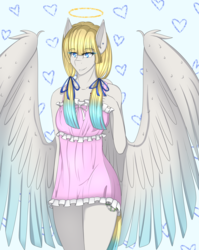 Size: 3600x4525 | Tagged: safe, artist:cannoncar, oc, oc only, oc:brave jockey, angel, pegasus, anthro, anthro oc, clothes, female, halo, mare, nail polish, solo