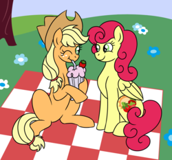 Size: 750x700 | Tagged: safe, artist:spyro-for-life, applejack, strawberry sunrise, earth pony, pegasus, pony, g4, cute, duo, female, flower, food, freckles, glass, grass, jackabetes, lesbian, mare, milkshake, one eye closed, picnic, picnic blanket, ship:applerise, shipping, straw, strawberry, strawwberry sunrise, tree, wink