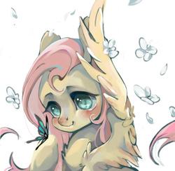 Size: 1425x1392 | Tagged: dead source, safe, alternate version, artist:小huhu狸君呀, fluttershy, butterfly, pegasus, pony, g4, cute, female, flower, mare, shyabetes, simple background, solo, white background, wings