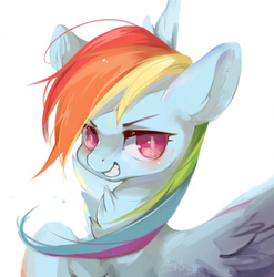Size: 1924x1948 | Tagged: dead source, safe, artist:小huhu狸君呀, rainbow dash, pegasus, pony, g4, chest fluff, female, grin, looking at you, mare, simple background, smiling, solo, white background