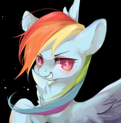 Size: 1924x1948 | Tagged: dead source, safe, alternate version, artist:小huhu狸君呀, rainbow dash, pegasus, pony, g4, black background, chest fluff, female, grin, looking at you, mare, simple background, smiling, solo