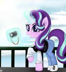Size: 3600x3900 | Tagged: safe, artist:theretroart88, starlight glimmer, pony, unicorn, g4, camera, clothes, cloud, female, high res, levitation, looking at you, magic, mare, pants, rail, raised hoof, shoes, signature, sky, smiling, sneakers, solo, telekinesis, tourist, watermark