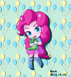 Size: 1750x1900 | Tagged: dead source, safe, artist:makarasrk, gummy, pinkie pie, human, equestria girls, g4, boots, chibi, clothes, cute, cutie mark background, diapinkes, duo, female, looking at you, shoes, skirt