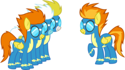 Size: 1533x858 | Tagged: safe, artist:a01421, blaze, fleetfoot, spitfire, surprise (g4), pegasus, pony, g4, clothes, female, folded wings, goggles, mare, raised hoof, show accurate, simple background, tail, transparent background, uniform, vector, wings, wonderbolts uniform