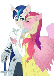 Size: 905x1280 | Tagged: safe, artist:glorious-rarien, princess cadance, shining armor, alicorn, unicorn, anthro, g4, armor, cheek kiss, clothes, eyes closed, female, husband and wife, kissing, male, mare, married couple, prince, princess, ship:shiningcadance, shipping, simple background, stallion, straight, sword, weapon, white background