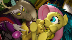 Size: 1024x576 | Tagged: safe, artist:dj-chopin, discord, fluttershy, draconequus, pony, g4, 3d, boop, cuddling, cup, cute, source filmmaker, tea party, teacup