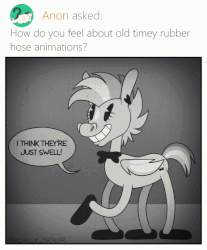 Size: 463x560 | Tagged: safe, artist:sickly-sour, oc, oc only, oc:kokomo, bat pony, pony, animated, ask, black and white, black and white cartoon, bouncing, bowtie, caption, crossed legs, ear piercing, earring, frame by frame, gif, gif with captions, grayscale, jewelry, monochrome, pac-man eyes, piercing, rubber hose animation, smiling, solo, speech bubble, tumblr