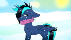 Size: 1280x720 | Tagged: artist needed, source needed, safe, oc, oc only, oc:color blind, alicorn, pony, clothes, cold, cute, scarf, winter