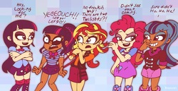 Size: 6061x3133 | Tagged: safe, artist:rray-xd, pinkie pie, sci-twi, sonata dusk, sunset shimmer, twilight sparkle, equestria girls, g4, my little pony equestria girls: better together, abuse, breasts, bully, bullying, clothes, dark skin, female, human coloration, panties, twilybuse, underwear, wedgie