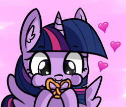 Size: 1931x1634 | Tagged: safe, artist:artiks, twilight sparkle, alicorn, pony, g4, cute, eating, female, floating heart, food, heart, heart eyes, mare, pretzel, puffy cheeks, simple background, smiling, solo, spread wings, twiabetes, twilight sparkle (alicorn), wingding eyes, wings