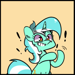 Size: 1000x1000 | Tagged: safe, artist:turtlefarminguy, lyra heartstrings, pony, unicorn, g4, cute, exclamation point, female, simple background, smiling, solo
