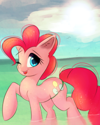 Size: 1804x2267 | Tagged: safe, artist:autumnvoyage, pinkie pie, earth pony, pony, g4, beach, cloud, female, looking at you, mare, one eye closed, open mouth, raised hoof, sky, solo, water, wink