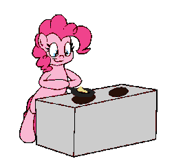 Size: 348x326 | Tagged: safe, artist:bennimarru, pinkie pie, pony, g4, animated, bipedal, cooking, female, flat colors, food, fried rice, frying pan, gif, herbivore, hoof hold, open mouth, rice, simple background, smiling, solo, stove, transparent background