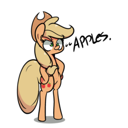 Size: 1280x1280 | Tagged: safe, artist:turtlefarminguy, applejack, earth pony, pony, g4, apple, bipedal, food, hooves on hips, text, that pony sure does love apples