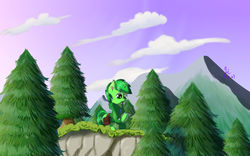 Size: 1280x800 | Tagged: safe, artist:jerryenderby, artist:睿毛, oc, oc only, oc:nihaicreeper, pony, adventure, commission, forest, mountain, mountain range, saddle bag, solo, tree