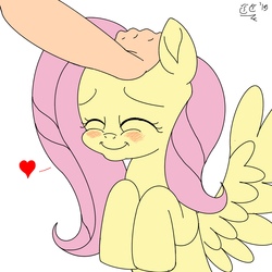 Size: 3000x3000 | Tagged: safe, artist:tomtornados, fluttershy, pony, g4, blushing, cute, eyes closed, female, head pat, heart, high res, mare, pat, petting, shyabetes, simple background, smiling, solo, spread wings, white background, wings
