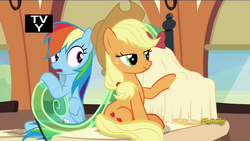 Size: 1280x720 | Tagged: safe, screencap, applejack, rainbow dash, pony, g4, the crystalling, duo, lidded eyes, out of context