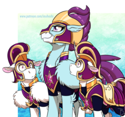 Size: 1600x1495 | Tagged: safe, artist:inuhoshi-to-darkpen, stratus skyranger, classical hippogriff, hippogriff, pegasus, pony, unicorn, armor, chest fluff, clothes, confident, curved horn, dusk guard, floppy ears, fluffy, horn, leg fluff, looking up, male, proud, raised hoof, royal guard, shrunken pupils, signature, standing, trio, twilight's royal guard, wing fluff