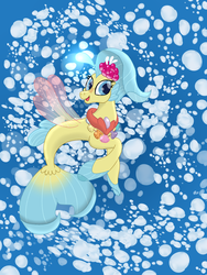 Size: 960x1280 | Tagged: safe, artist:shooting star, princess skystar, pony, seapony (g4), g4, my little pony: the movie, abstract background, basket, bioluminescent, blue eyes, blushing, bubble, cute, dorsal fin, female, fin, fin wings, fins, fish tail, floppy ears, flower, flower in hair, flowing mane, flowing tail, freckles, glowing, grin, happy, jewelry, mare, necklace, ocean, open mouth, pearl necklace, princess, shell, skyabetes, smiling, solo, swimming, tail, underwater, water, wings