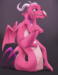 Size: 2550x3300 | Tagged: safe, artist:silfoe, ballista, dragon, g4, background dragon, bored, commission, dragoness, female, gray background, hand on face, high res, simple background, sitting, solo, tail stand, teenaged dragon