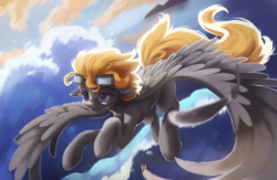 Size: 900x586 | Tagged: safe, artist:fluttersheeeee, oc, oc only, oc:aj, pegasus, pony, female, flying, goggles, mare, solo, spread wings, wings
