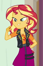 Size: 327x495 | Tagged: safe, screencap, sunset shimmer, constructive criticism, equestria girls, equestria girls series, g4, bedroom eyes, clothes, cropped, female, geode of empathy, jacket, leather, leather jacket, magical geodes, raised eyebrow, shirt, shoulderless shirt, skirt, smiling, solo, stupid sexy sunset shimmer
