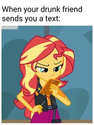 Size: 1080x1425 | Tagged: safe, edit, edited screencap, editor:apex soundwave, screencap, sunset shimmer, equestria girls, g4, my little pony equestria girls: better together, caption, concentrating, confused, female, hand on hip, image macro, meme, phone, solo, text