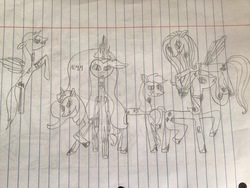 Size: 3264x2448 | Tagged: safe, artist:asiandra dash, applejack, fluttershy, nightmare moon, pinkie pie, rainbow dash, rarity, twilight sparkle, alicorn, pony, g4, grayscale, group, high res, lined paper, mane six, monochrome, traditional art, twilight sparkle (alicorn)