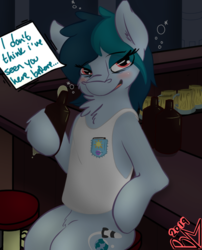 Size: 806x1000 | Tagged: safe, artist:bloody--mascarade, oc, oc only, oc:delta vee, pegasus, pony, alcohol, bar, bedroom eyes, blushing, drunk, drunk bubbles, drunker vee, ear fluff, female, looking at you, mare, milf, offscreen character, signature, sitting, solo
