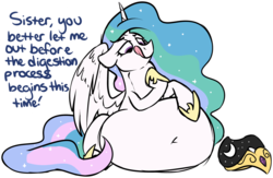 Size: 2885x1880 | Tagged: safe, artist:mulberrytarthorse, princess celestia, princess luna, alicorn, pony, g4, belly, belly button, dialogue, female, fetish, implied trollestia, impossibly large belly, lunaprey, mare, princess vorestia, swallowing, throat bulge, trollestia, vore, willing vore
