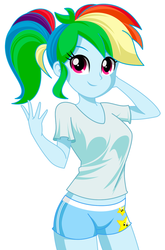 Size: 939x1422 | Tagged: safe, artist:rosemile mulberry, rainbow dash, equestria girls, g4, blue underwear, boyshorts, clothes, female, panties, ponytail, shirt, simple background, solo, underwear, white background