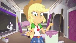 Size: 800x450 | Tagged: safe, screencap, applejack, opalescence, rarity, diy with applejack, equestria girls, equestria girls series, spoiler:eqg series (season 2), animated, bracelet, cute, female, freckles, geode of super strength, gif, hat, jackabetes, jewelry, magical geodes, paint roller, smiling, thumbs up