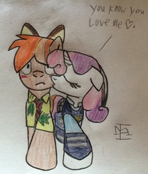 Size: 2080x2448 | Tagged: safe, artist:ejlightning007arts, button mash, sweetie belle, g4, bunny ears, cheek kiss, clothes, crossover, female, fox ears, hawaiian shirt, high res, judy hopps, kissing, male, nick wilde, police, ship:sweetiemash, shipping, shirt, straight, text, traditional art, zootopia