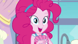 Size: 800x450 | Tagged: safe, screencap, pinkie pie, equestria girls, g4, my little pony equestria girls: better together, the craft of cookies, animated, apron, clothes, cute, diapinkes, female, floating heart, gif, grin, happy, heart, heart hands, kitchen, looking at you, smiling, solo, squee, sweet dreams fuel