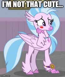 Size: 349x416 | Tagged: safe, edit, edited screencap, screencap, silverstream, classical hippogriff, hippogriff, a matter of principals, g4, blatant lies, blush sticker, blushing, caption, cropped, cute, diastreamies, i'm not cute, image macro, meme, text