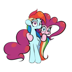 Size: 1280x1280 | Tagged: safe, artist:turtlefarminguy, pinkie pie, rainbow dash, pony, g4, crying, laughing, looking at you, smiling, stifling laughter, tears of laughter, wavy mouth