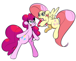 Size: 1280x1024 | Tagged: safe, artist:turtlefarminguy, fluttershy, pinkie pie, pony, g4, bipedal, flying, looking at each other, open mouth