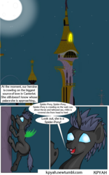 Size: 1600x2560 | Tagged: safe, artist:kpyah, oc, oc only, oc:lucky socks, changeling, comic:her great luck, canterlot, canterlot castle, changeling oc, comic, moon, night, text