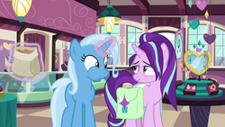 Size: 1920x1080 | Tagged: safe, screencap, starlight glimmer, trixie, all bottled up, g4, my little pony: friendship is magic, cinnamon nuts, cute, food, smiling