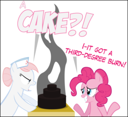 Size: 3839x3508 | Tagged: safe, artist:ace play, nurse redheart, pinkie pie, earth pony, pony, g4, burnt, cake, exclamation point, food, funny, high res, interrobang, nurse redheart is not amused, question mark, shrug, silly, silly pony, vector