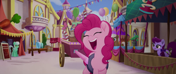 Size: 1920x804 | Tagged: safe, screencap, concord grape, mochaccino, pinkie pie, rare find, sweet strum, earth pony, pony, unicorn, g4, my little pony: the movie, background pony, canterlot, canterlot shopkeep, cart, eyes closed, female, friendship festival, mare, market, singing, we got this together
