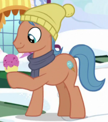 Size: 346x392 | Tagged: safe, screencap, gelato cone, earth pony, pony, g4, my little pony best gift ever, background pony, food, hat, ice cream, ice cream cone, male, solo, stallion
