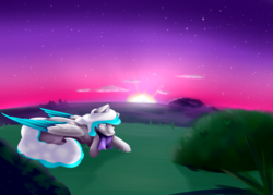 Size: 1280x916 | Tagged: safe, artist:lilrandum, oc, oc only, pegasus, pony, female, mare, prone, solo, sunset