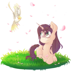 Size: 1000x1000 | Tagged: safe, artist:lordvaltasar, oc, oc only, oc:cinnamon fawn, bird, cockatiel, pony, unicorn, brown hair, cherry blossoms, flower, flower blossom, flying, glasses, grass, green eyes, horn, ponysona, prone, simple background, smiling, solo, transparent background