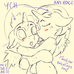 Size: 4000x4000 | Tagged: safe, artist:rainihorn, oc, pony, semi-anthro, advertisement, arm hooves, auction, blushing, commission, couple, fluffy, hearts and hooves day, holiday, kissing, open mouth, sketch, valentine's day, wings, ych example, your character here
