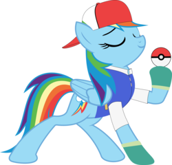 Size: 4998x4805 | Tagged: safe, artist:wissle, rainbow dash, pegasus, pony, g4, 1000 hours in ms paint, absurd resolution, ash ketchum, clothes, cosplay, costume, dash ketchum, eyes closed, female, mare, poké ball, pokémon, pokémon trainer, simple background, solo, transparent background