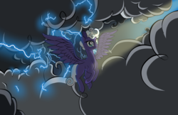 Size: 2400x1558 | Tagged: safe, artist:dualtry, rolling thunder, pony, g4, blank flank, cloud, female, flying, light, solo, storm