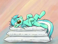 Size: 1293x970 | Tagged: safe, artist:el-yeguero, lyra heartstrings, pony, unicorn, g4, chest fluff, cute, featureless crotch, female, looking at you, lying down, lyrabetes, mare, on back, pillow, raised leg, simple background, smiling, solo