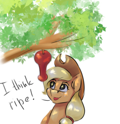 Size: 2961x3041 | Tagged: safe, artist:kittytitikitty, applejack, earth pony, pony, g4, apple, dappled sunlight, engrish, female, food, high res, mare, solo, starry eyes, tree, tree branch, wingding eyes
